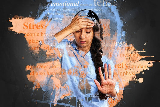 Woman with hands on head, appearing stressed, surrounded by text relating to stress and emotional strain.